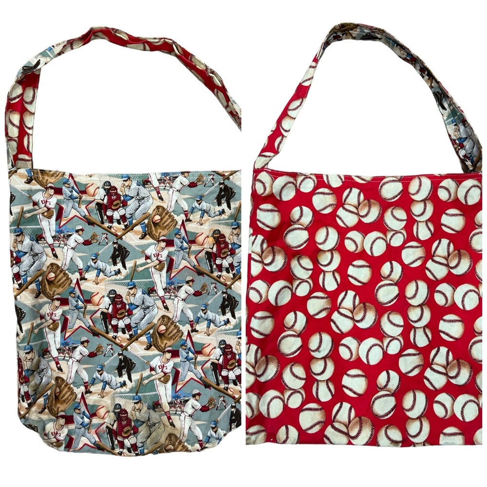 Green Boy Tote Bag Baseball Themed Two side Cotton Light Weight